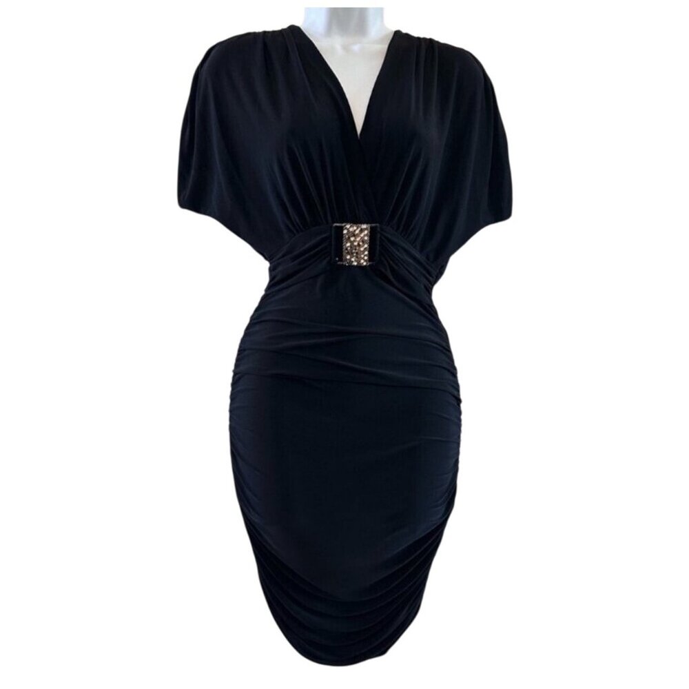 Sabora Black Ruched Belted V-Neck Dress Size M